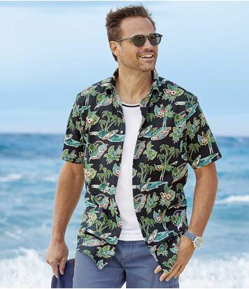 Atlas for Men Men's Hawaiian Shirt - Black Green  - PATTERNED - Size: L