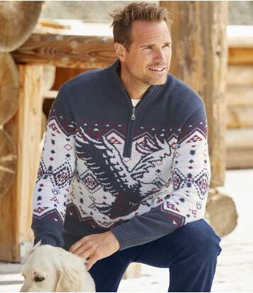 Atlas for Men Men's Navy Eagle Patterned Knit Jumper - Half Zip  - NAVY BLUE - Size: L