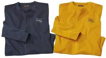 Atlas for Men Pack of 2 Men's Button-Neck Long Sleeve Tops - Navy Yellow  - BLUE - Size: XXL