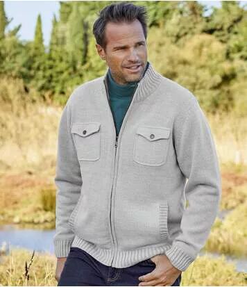 Atlas for Men Men's Beige Multi-Pocket Knitted Jacket - Full Zip  - GREY - Size: XXL