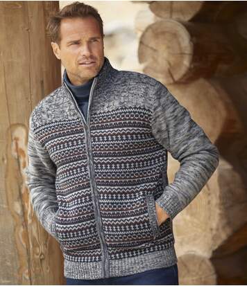 Atlas for Men Men's Grey Patterned Knitted Jacket - Full Zip  - GREY - Size: L