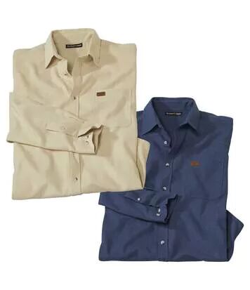 Atlas for Men Pack of 2 Men's Casual Flannel Shirts - Beige Blue  - BEIGE - Size: 3XL