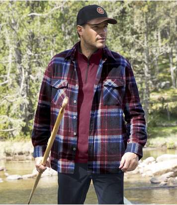 Atlas for Men Men's Winter Fleece Overshirt - Blue Burgundy  - CHECKED - Size: 3XL