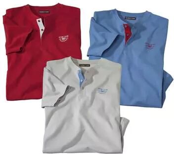 Atlas for Men Men's Pack of 3 Tunisian-Collar Sports T-Shirts - Blue Grey Red  - GREY - Size: XL