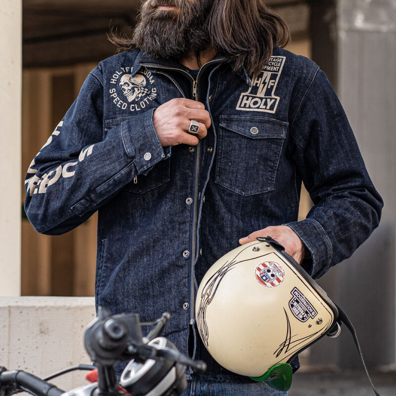 clothesoutdoor Retro Motorcycle Denim Print Single-Breasted Jacket