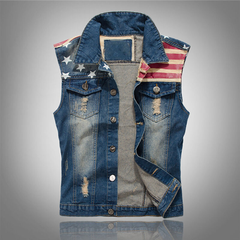 clothesoutdoor Retro Motorcycle Flag Printed Denim Single-Breasted Vest