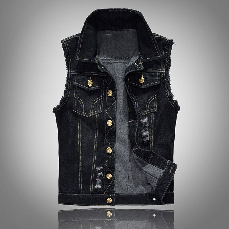 clothesoutdoor Retro Motorcycle Black Ripped Denim Single-Breasted Vest