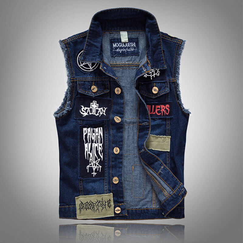 clothesoutdoor Retro Motorcycle Patch Denim Lapel Single-Breasted Vest