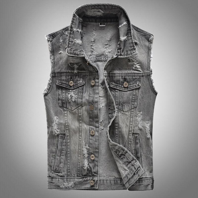clothesoutdoor Retro Motorcycle Gray Ripped Denim Single-Breasted Vest