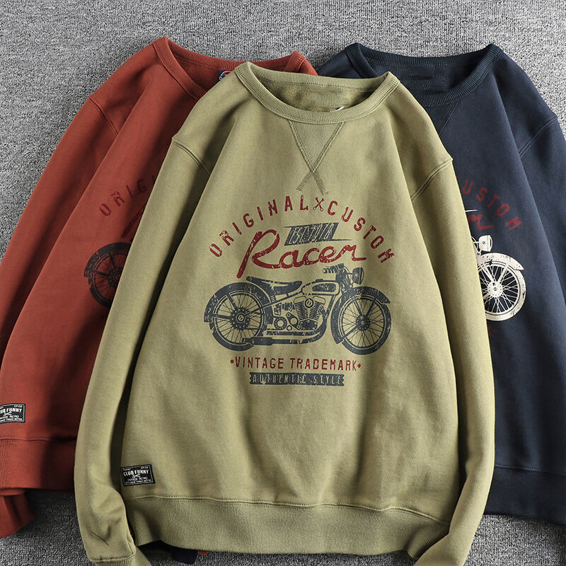 clothesoutdoor Retro Motorcycle Print Long-Sleeved Velvet Thickened Sweatshirt