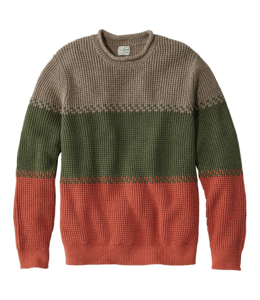 Men's Organic Cotton Waffle Sweater, Rollneck Crew, Stripe Dark Mushroom Extra Large L.L.Bean