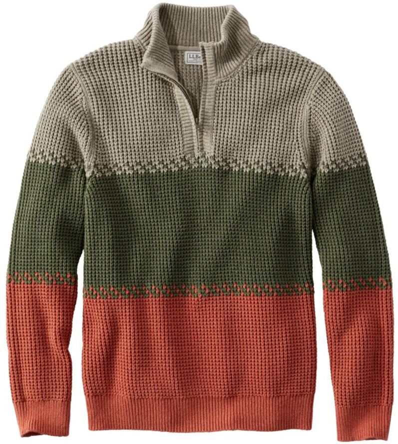 Men's Organic Cotton Waffle Sweater, Quarter Zip, Stripe Dark Mushroom Extra Large L.L.Bean