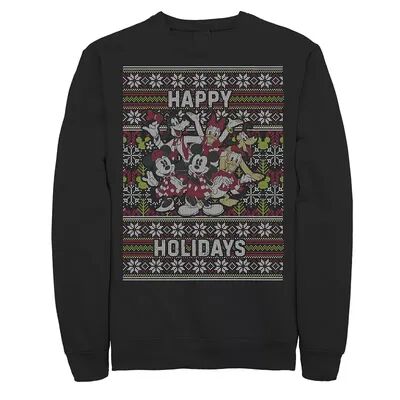 Disney Men's Disney Group Shot Happy Holidays Christmas Sweater Style Sweatshirt, Size: 3XL, Black