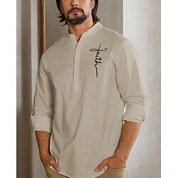 LightInTheBox 55% Linen Embroidery Men's Linen Shirt Shirt Khaki Long Sleeve Cross Stand Collar Summer Spring Outdoor Street Clothing Apparel