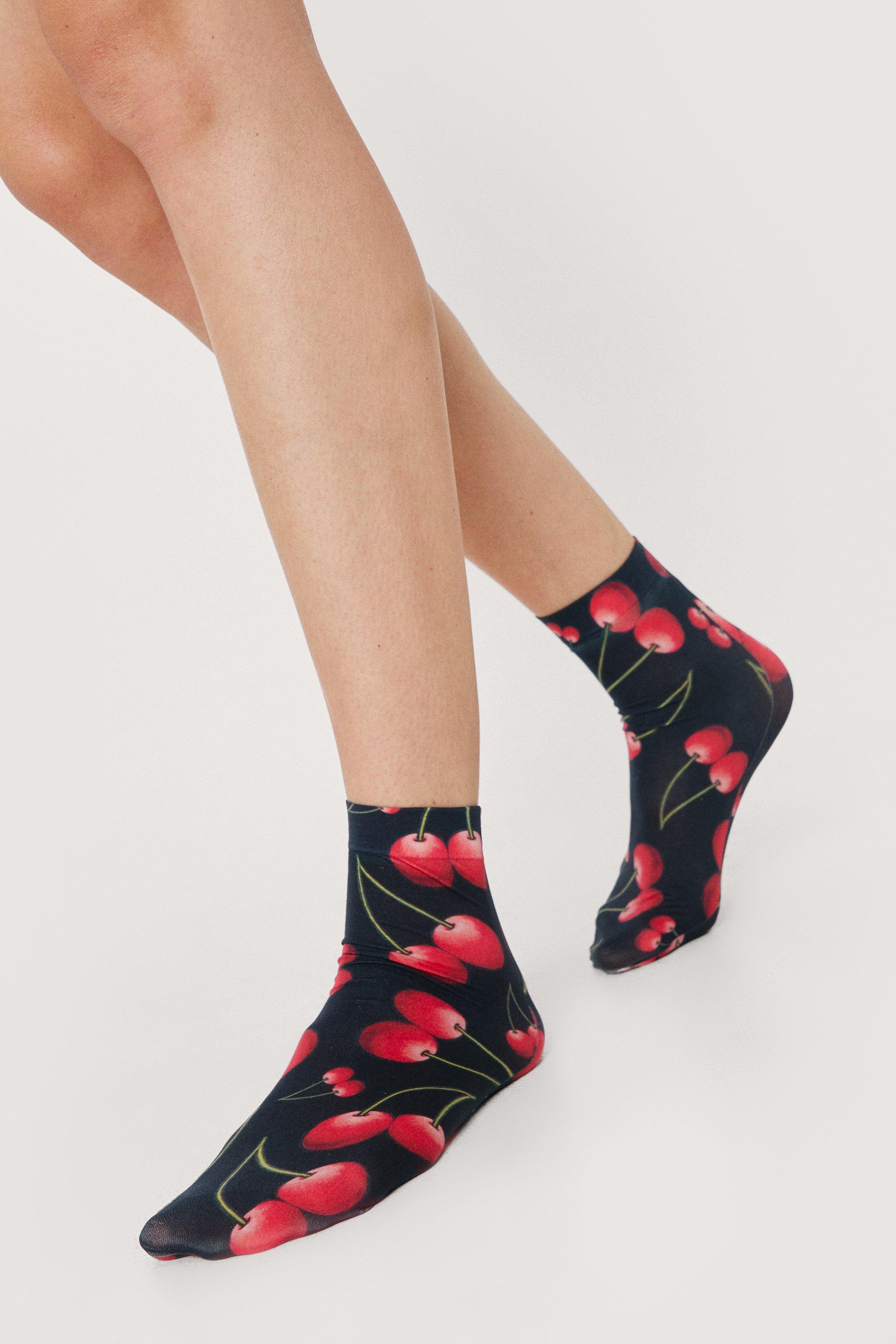 Nasty Gal Womens Cherry Print Ankle Socks - Black - ONE SIZE, Black