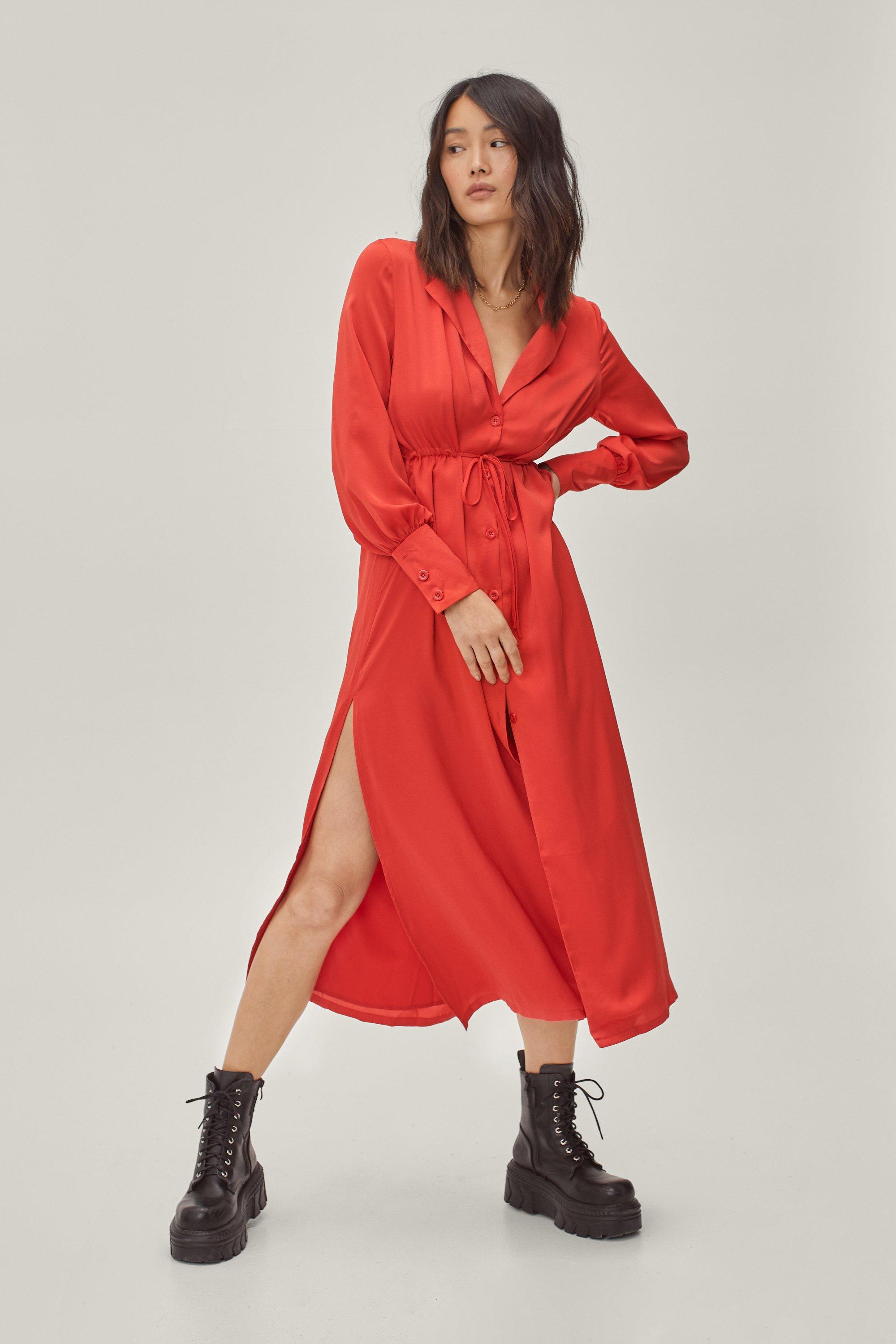 Nasty Gal Womens Tie Waist Plunge Midi Shirt Dress - Red - 4, Red