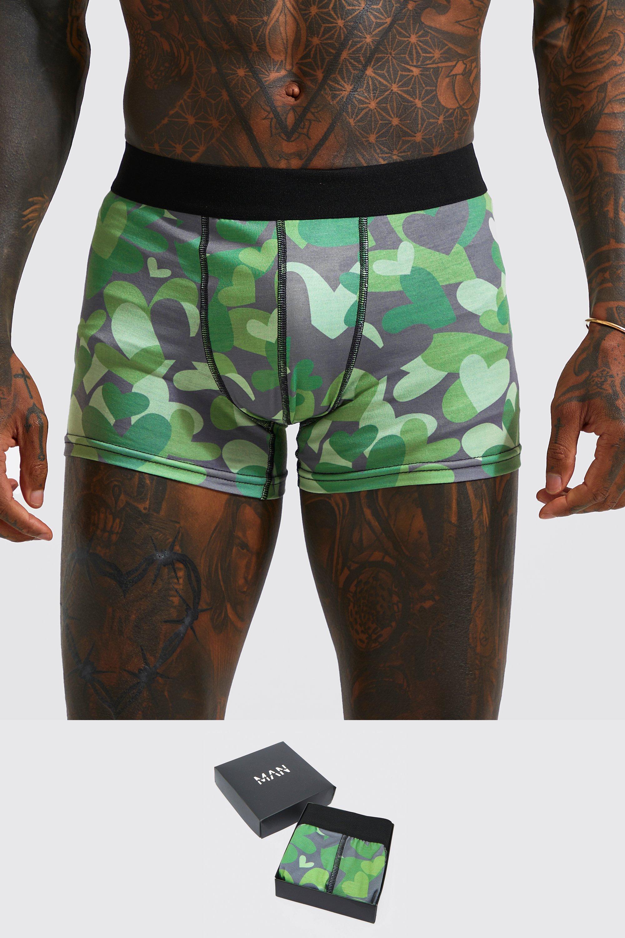 Boohoo Valentines Camo Love Heart Gift Box Boxer- Green  - Size: L