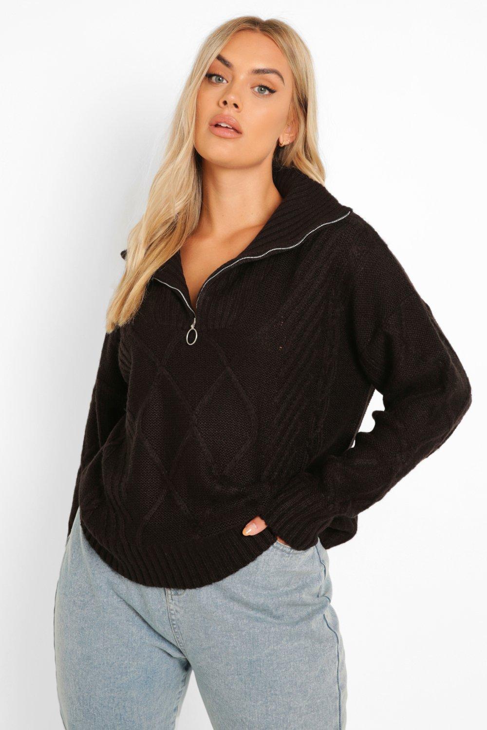 Boohoo Plus Chunky Rib Collar Cable Knit Jumper- Black  - Size: 16