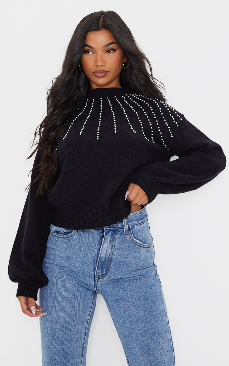 PrettyLittleThing Black Pearl Neck Detail Balloon Sleeve Jumper  - Black - Size: Small