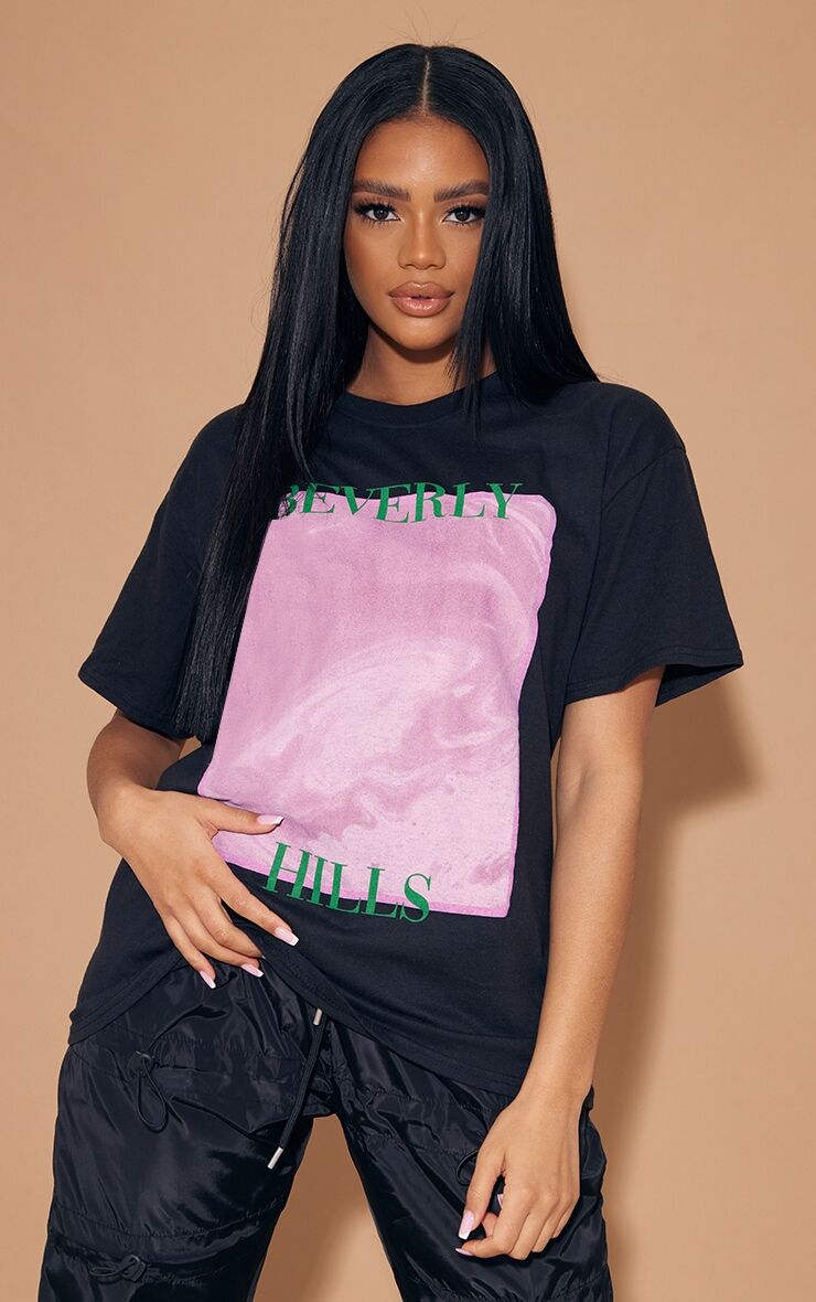 PrettyLittleThing Black Beverly Hills Photographic Print T Shirt  - Black - Size: Large