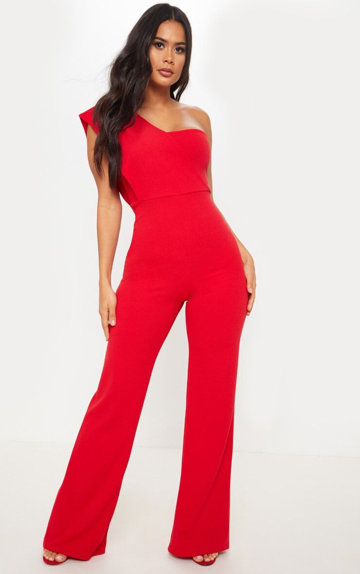 PrettyLittleThing Red Drape One Shoulder Jumpsuit  - Red - Size: 14