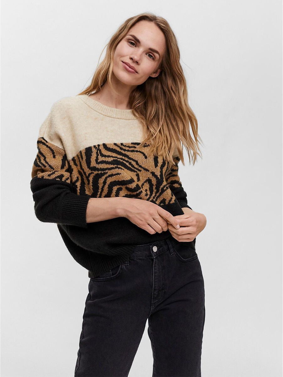 VERO MODA Pull fine maille, imprimé animalier