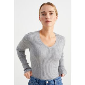 C&A Basic-Pullover mit V-Ausschnitt-gerippt, Grau, Größe: XL Weiblich