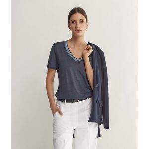 Falconeri T-Shirt mit V-Ausschnitt und mehrfarbigen Einfassungen aus Leinen Frau Blau Größe XS