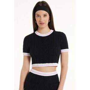 Tezenis Kurzes Zopfmuster-Shirt mit halblangen Ärmeln aus Gewebe in Fully-fashioned-Verarbeitung Frau Schwarz Größe S