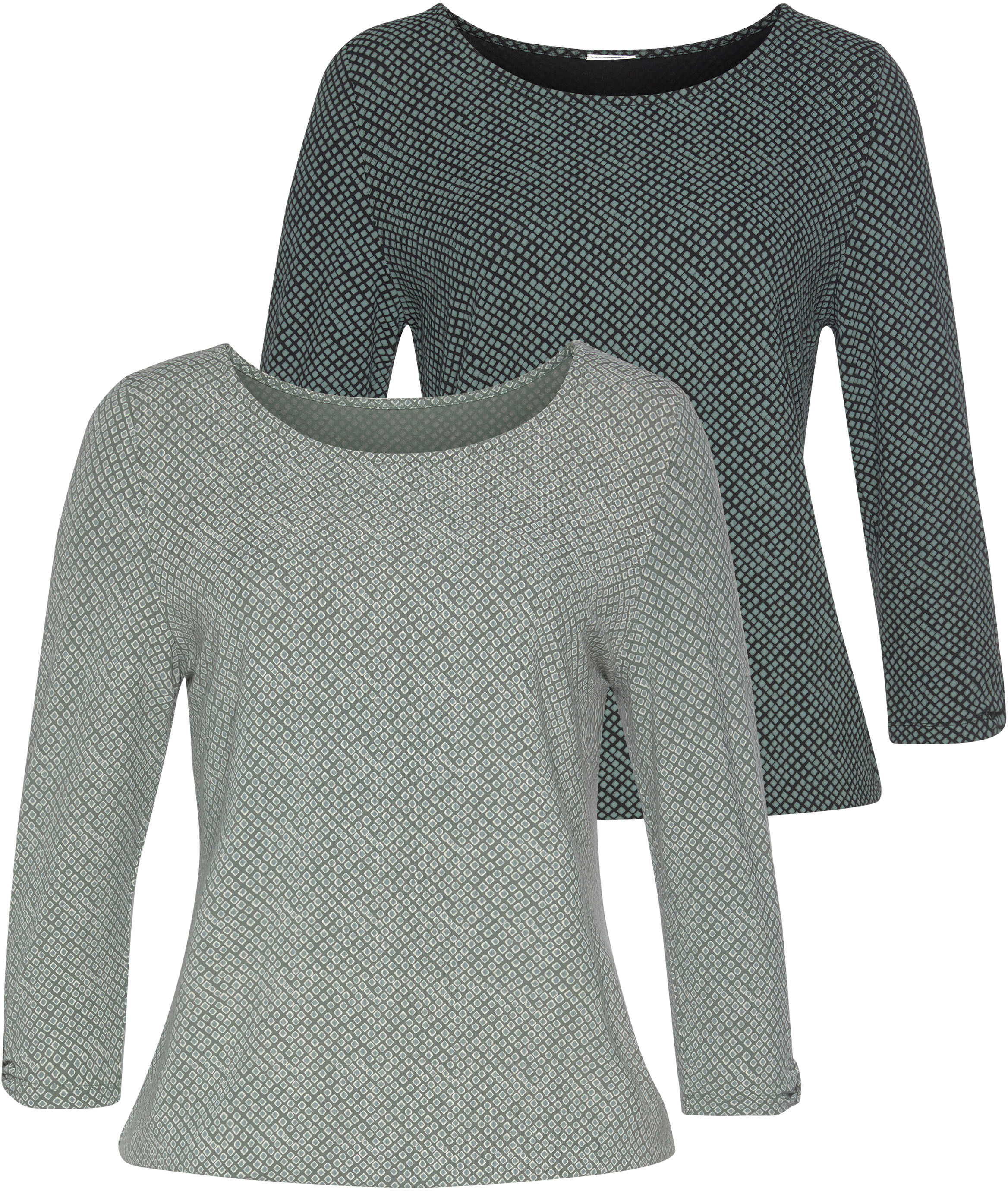 LASCANA 3/4-Arm-Shirt, (2er-Pack), mit kleinem Cut-Out am Ärmelsaum grün  32/34 36/38 40/42 44/46 48/50