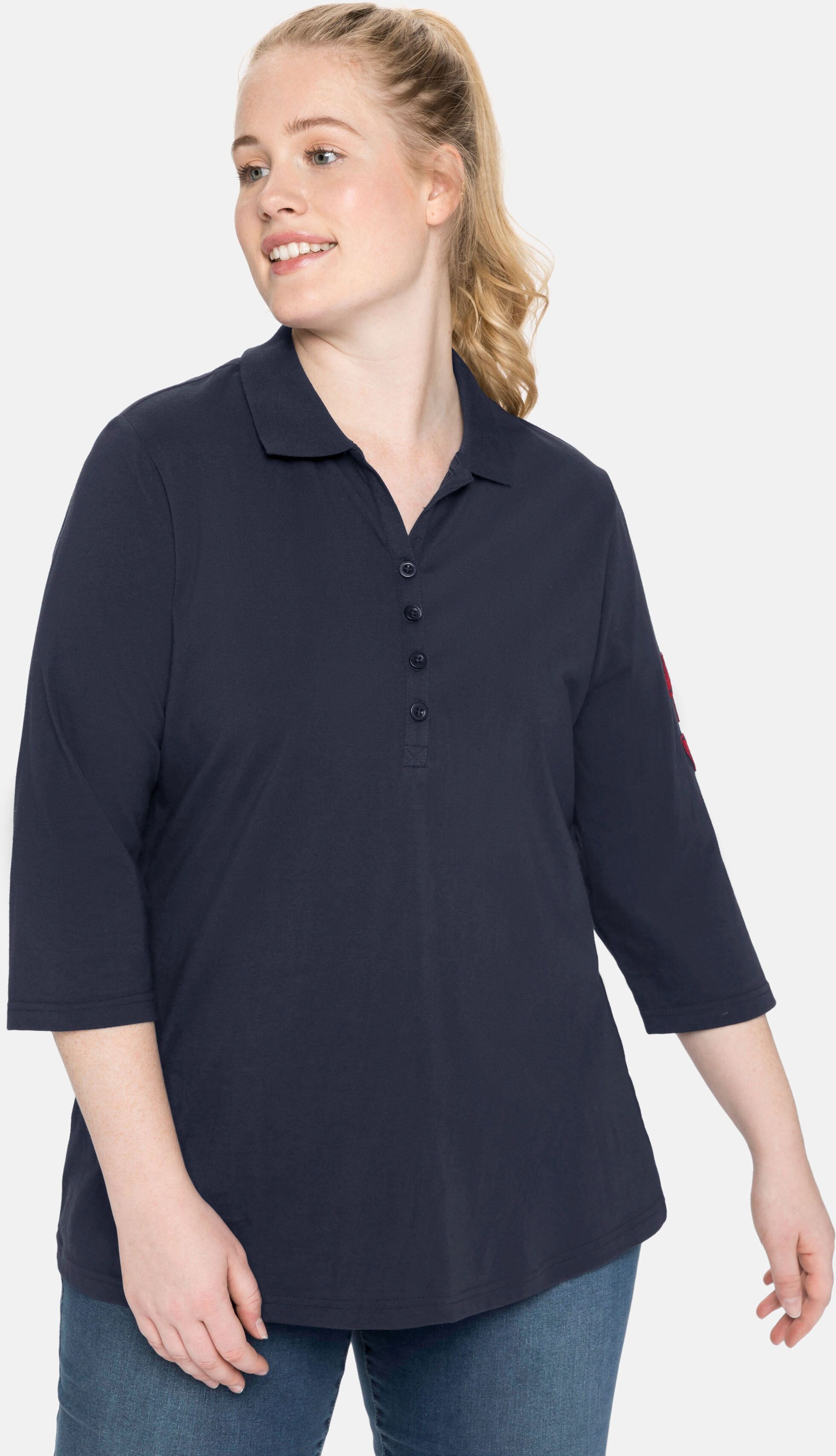 Sheego 3/4-Arm-Shirt, mit Applikation am 3/4-Ärmel blau Größe 40/42 44/46 48/50 52/54 56/58