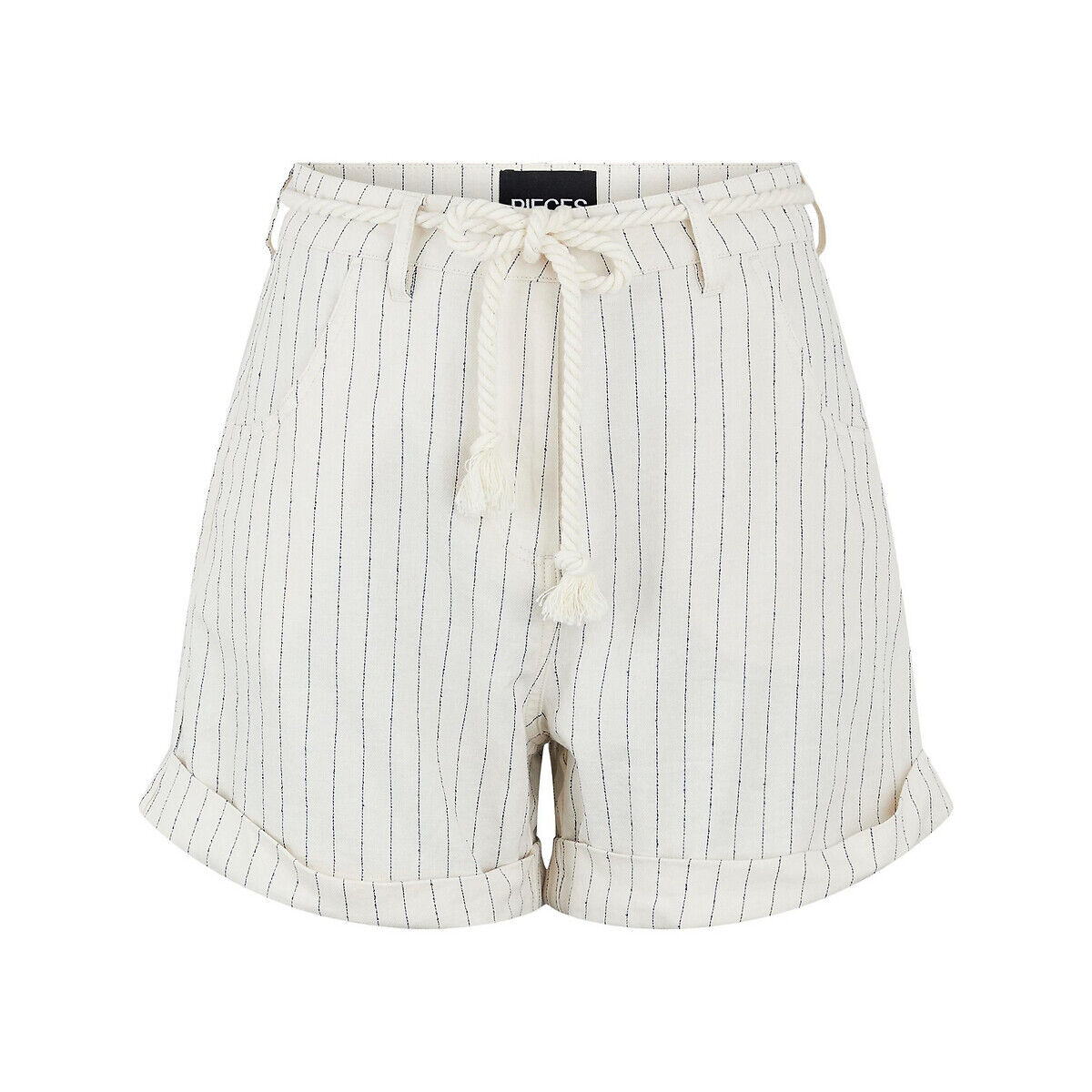 PIECES Gestreifte Shorts, hoher Bund, Bindeband BEIGE