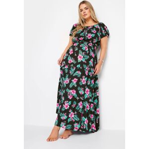 Yours – Maxikleid In Schwarz Mit Blumen Und Tropenmuster Und Bardotausschnitt, Große Größen Für Damen, Yours 58-60