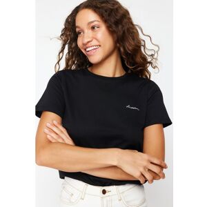 Trendyol Collection Schwarzes Strick-t-shirt Mit Slogan-stickerei Aus 100 % Baumwolle Im Regular Fit für Damen - L