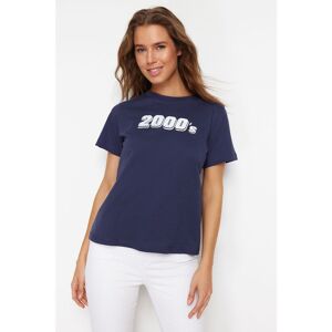 Trendyol Collection Marineblaues Bedrucktes Strick-t-shirt Mit Rundhalsausschnitt, 100 % Baumwolle, Regular/regular Fit für Damen - XL