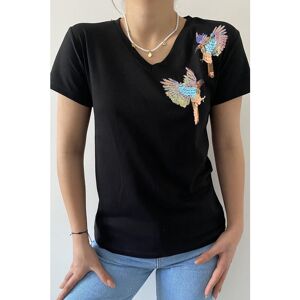 FEMELLE Schwarzes T-shirt Mit V-ausschnitt, Schulterpartie Und Vogel-paillettenstickerei Aus 100 % Baumwolle für Damen - S