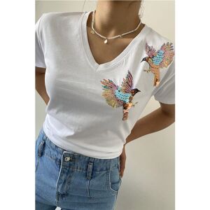FEMELLE Weißes T-shirt Mit V-ausschnitt, Schulterpartie Und Vogel-pailletten-stickerei, 100 % Baumwolle für Damen - S