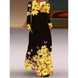 Femme Fashion Frühlings-Print V-Ausschnitt Langes Kleid Vintage Floral Lockere Langarmkleider