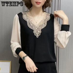 Wtempo 5xl Spitze Hemd Frauen Elegante Langarm V-Ausschnitt Gestrickte Color-Blocking Tops Beiläufige Dünne Blusen