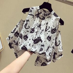 Hersight Sommer Cartoon Katze Druck Bluse Frauen Off Schulter Tops O Hals Kurzarm Lose Fit Chiffon Hemd Weiß Schwarz