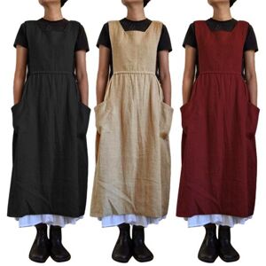 Yi Clothing Frauen Einfarbig Ärmelloses Quadratischen Ausschnitt Taschen Baumwolle Leinen Schürze Langes Kleid Yousheng