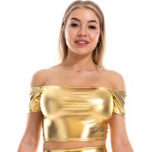 Zuerle Plus Size Damen Kurzarm Metallic Laser Color Shirts U-Boot-Ausschnitt Crop Tops Clubwear Streetwear