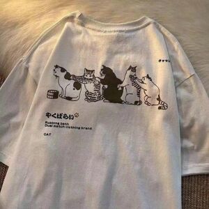 Limindong Sommer T-Shirt Frauen Japanischen Frische Paar Y2k Harajuku Cartoon Nette Katze Druck Oansatz Kurzarm Tops Ästhetische Kleidung