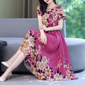 Basaka Frauen Oansatz Kurzarm Midi Kleid Hohe Taille Gürtel Floral Print Damen Mittleren Alters A-Line Kleid Streetwear