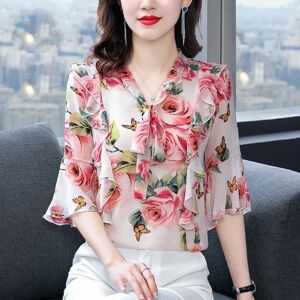 Hersight Rosa Rüschen Fliege Kragen Tops Vintage Blumendruck Bluse Frauen Sommer Chiffon Hemd Weibliche Kurzhülse Blusen