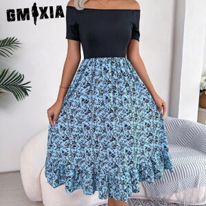 Gmxia Damenmode, Sommer, Frühling, Schulterfrei, Blumen Mit Rüschen, Kurzärmelig, Eine Schulter, Hohe Taille, Freizeitkleider