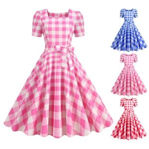 Baozhaocai Frauen Vintage Plaid Print Kleid Quadrat Kragen Kurzarm Midi Kleid Hohe Taille Bowknot Dekor A-Line Swing Kleid