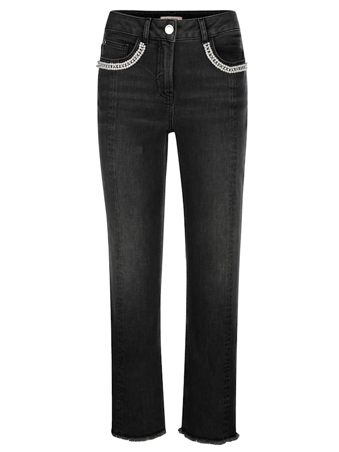 Alba Moda Jeans mit Dekoperlenband am Tascheneingriff, schwarz