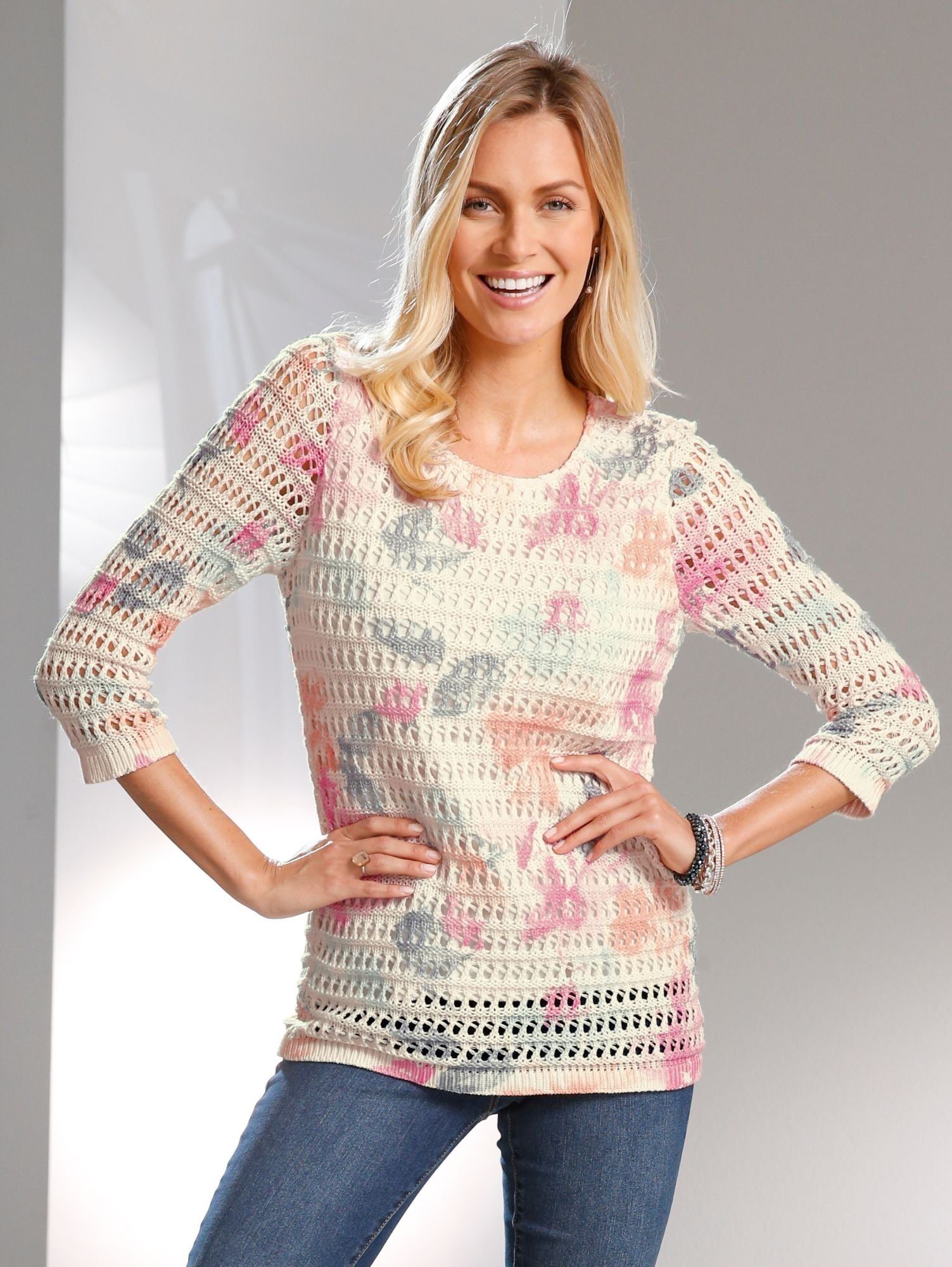 Paola Ajourpullover mit floralem Druckmotiv, Weiß