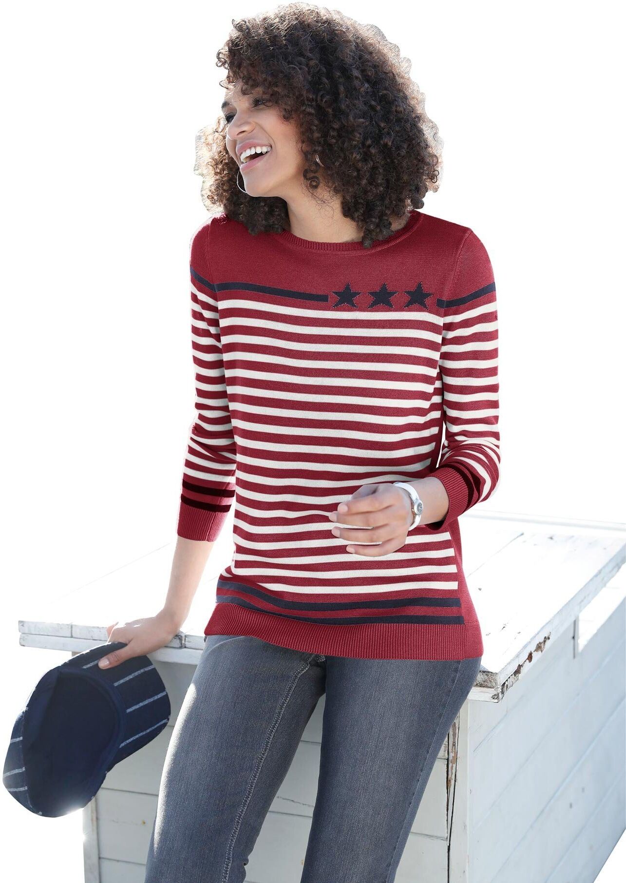 Casual Looks Rundhalspullover »Pullover«, gestreift-rot-weiß